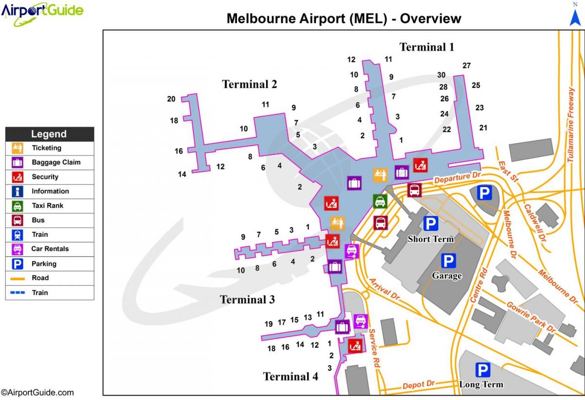 kart av Melbourne flyplass terminaler