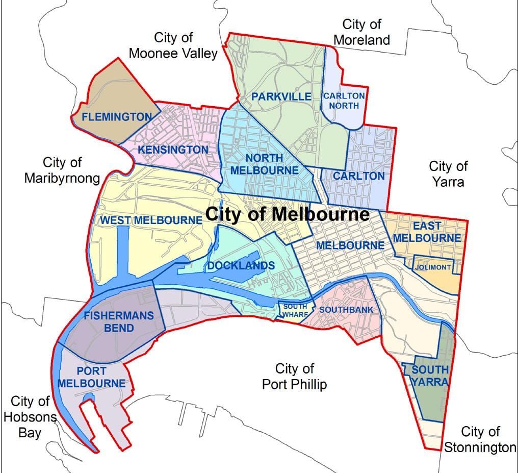 kart av Melbourne og omkringliggende områder