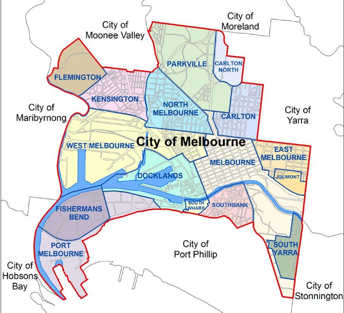 kart av Melbourne og omkringliggende områder